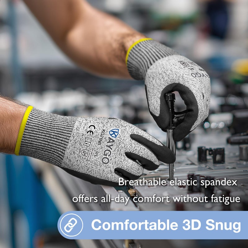 KAYGO 2 Pairs A3 Cut Resistant Gloves for Men and Women, ANSI Cut Level A3 Nitrile Micro-Foam Safety Gloves KG21NB, Durable, Ideal for Wood Carving, Glass Handling, Construction, Fishing, L, Grey - Image 5
